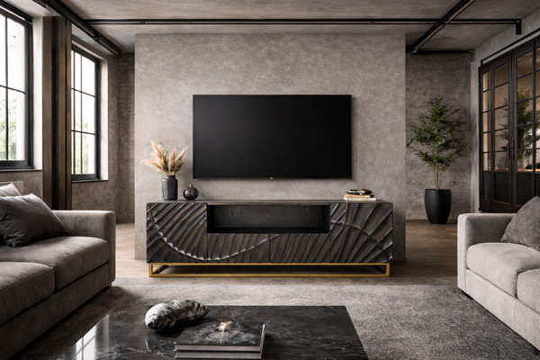 Solid Mango Wood TV Unit 180 cm with 3D Carved Front in Black – Scorpion
