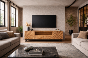 Solid Mango Wood TV Unit 180 cm with 3D Carved Front in Natural Brown – Scorpion