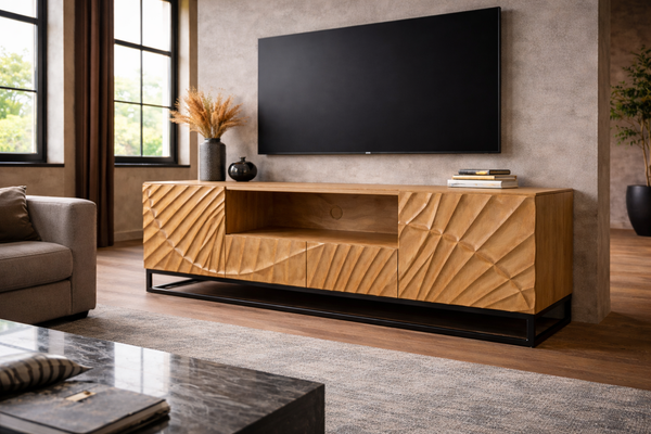 Solid Mango Wood TV Unit 180 cm with 3D Carved Front in Natural Brown – Scorpion