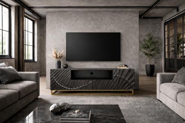 Solid Mango Wood TV Unit 180 cm with 3D Carved Front in Black – Scorpion