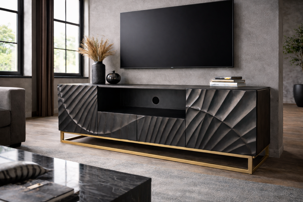 Solid Mango Wood TV Unit 180 cm with 3D Carved Front in Black – Scorpion