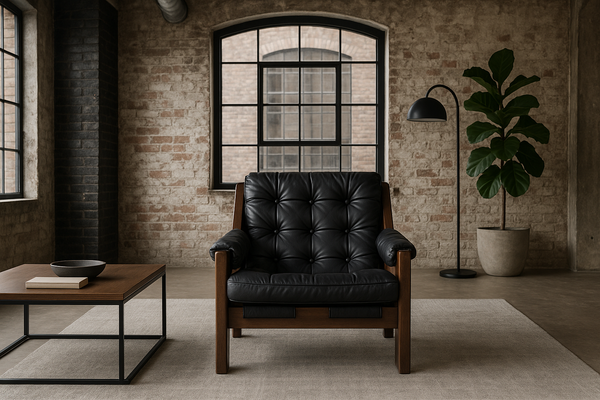 Bahamas Genuine Leather Lounge Armchair with Acacia Wood Frame