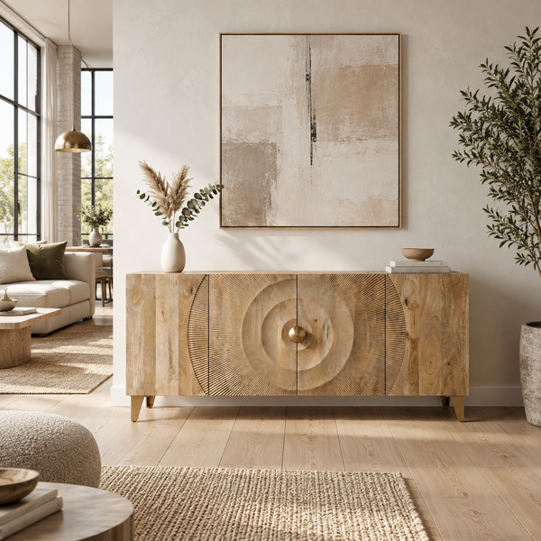 Solid Mango Wood Sideboard Natural Brown 177 cm with Golden Legs – Sunset