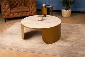 Petroio Italian Sintered Stone Round Coffee Table in White Concrete Gold Marble Look 90 cm