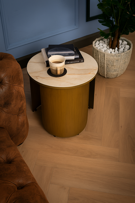 Petroio Italian Sintered Stone Round Side Table in White Concrete Gold Marble Look 40 cm