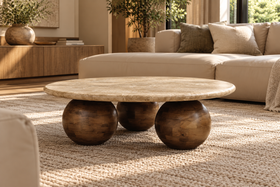SOLID ACACIA WOOD NATURAL TRAVERTINE MARBLE BEIGE ROUND COFFEE TABLE - LORENZO BROWN 100CM