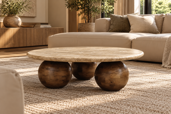 SOLID ACACIA WOOD NATURAL TRAVERTINE MARBLE BEIGE ROUND COFFEE TABLE - LORENZO BROWN 100CM