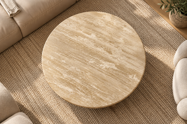 SOLID ACACIA WOOD NATURAL TRAVERTINE MARBLE BEIGE ROUND COFFEE TABLE - LORENZO BROWN 100CM