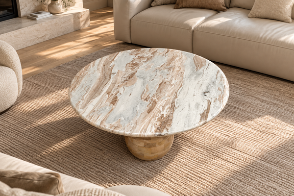 SOLID ACACIA WOOD NATURAL TORONTO MARBLE BEIGE GREY ROUND COFFEE TABLE - LORENZO NATURAL 100CM