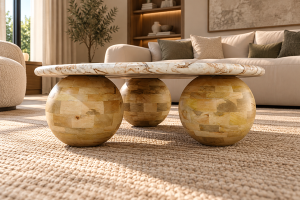 SOLID ACACIA WOOD NATURAL TORONTO MARBLE BEIGE GREY ROUND COFFEE TABLE - LORENZO NATURAL 100CM