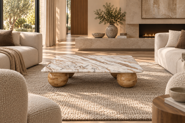 SOLID ACACIA WOOD NATURAL TORONTO MARBLE BEIGE COFFEE TABLE- LUCERNE NATURAL 120CM