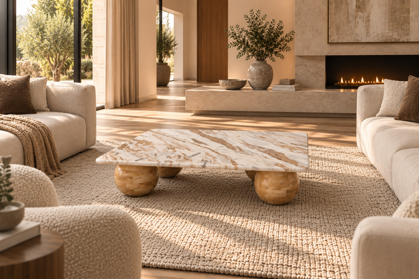 SOLID ACACIA WOOD NATURAL TORONTO MARBLE BEIGE COFFEE TABLE- LUCERNE NATURAL 120CM