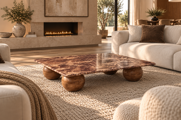 SOLID ACACIA WOOD NATURAL ROSSO MARBLE COFFEE TABLE- LUCERNE CHERRY GOLD BROWN 120CM