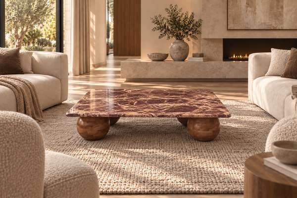 SOLID ACACIA WOOD NATURAL ROSSO MARBLE COFFEE TABLE- LUCERNE CHERRY GOLD BROWN 120CM