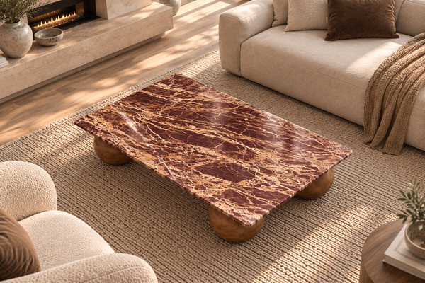 SOLID ACACIA WOOD NATURAL ROSSO MARBLE COFFEE TABLE- LUCERNE CHERRY GOLD BROWN 120CM