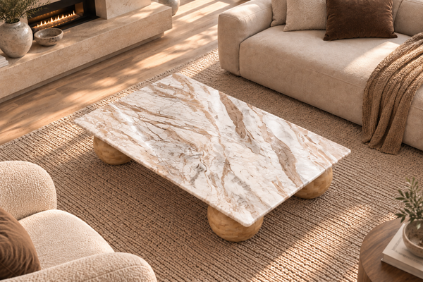 SOLID ACACIA WOOD NATURAL TORONTO MARBLE BEIGE COFFEE TABLE- LUCERNE NATURAL 120CM