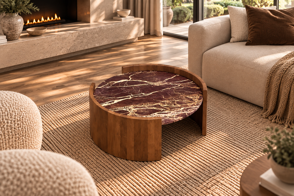 Solid Mango Wood Natural Rosso Marble Rounded Coffee Table - Roma Cherry Gold Brown 80cm
