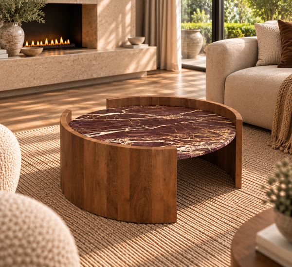 Solid Mango Wood Natural Rosso Marble Rounded Coffee Table - Roma Cherry Gold Brown 80cm