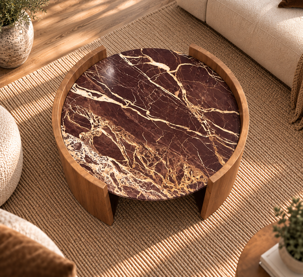 Solid Mango Wood Natural Rosso Marble Rounded Coffee Table - Roma Cherry Gold Brown 80cm