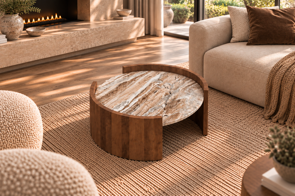Solid Mango Wood Natural Toronto Marble Rounded Beige Grey Coffee Table - Roma Brown 80cm