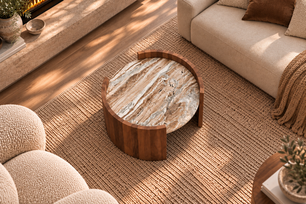 Solid Mango Wood Natural Toronto Marble Rounded Beige Grey Coffee Table - Roma Brown 80cm