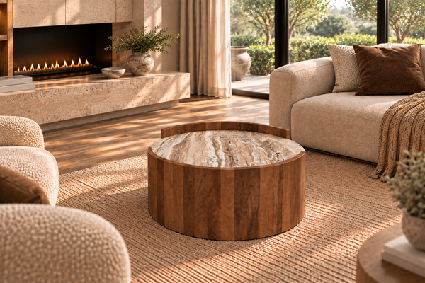 Solid Mango Wood Natural Toronto Marble Rounded Beige Grey Coffee Table - Roma Brown 80cm