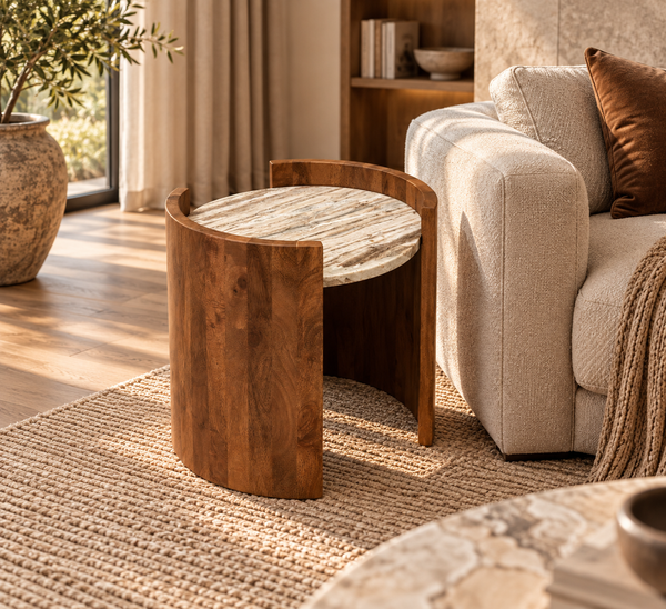 Solid Mango Wood Natural Toronto Marble Rounded Beige Grey Side Table - Roma Brown 45cm