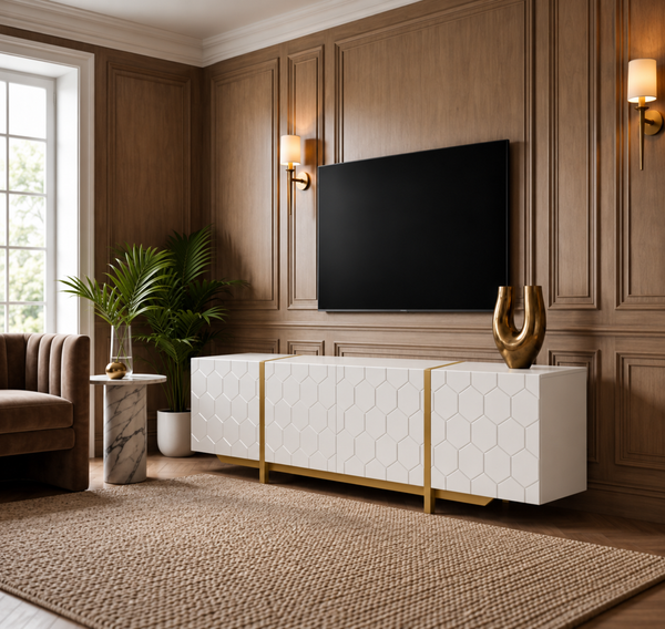 Solid Mango Wood White TV Unit With Gold Metal Legs 200cm – Honeycomb