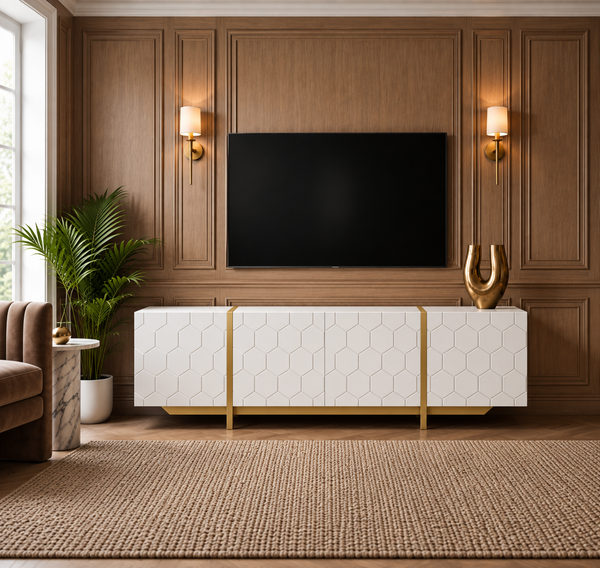 Solid Mango Wood White TV Unit With Gold Metal Legs 200cm – Honeycomb