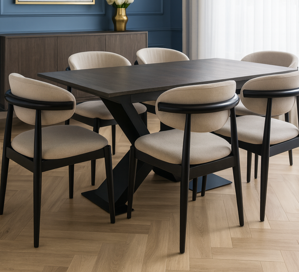 Vita Wooden Dining Chair with Grey Upholstery Fabric and Black Wooden Legs