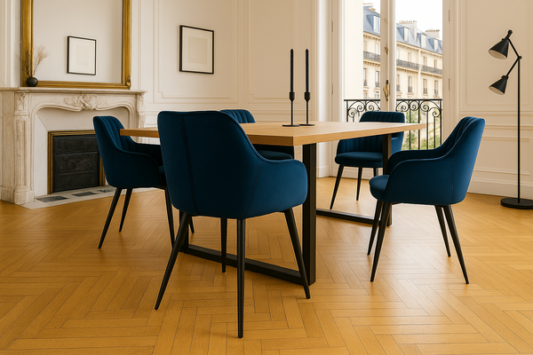 Turin Noble Armrest Chair Royal Blue Velvet with Decorative Stitching