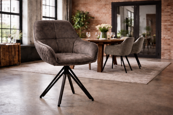 Terra Rotatable Grey Dark Brown Velvet Dining Chair with Diamond Quilting and Black Coated Legs