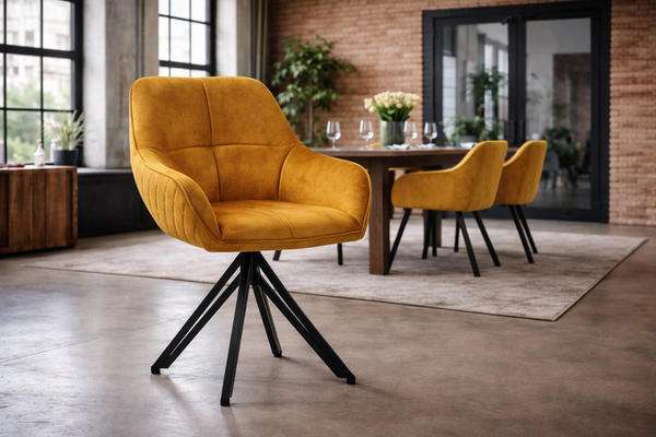 Terra Rotatable Mustard Yellow Velvet Dining Chair with Diamond Quilting and Black Coated Legs