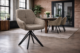Terra Rotatable Taupe Boucle Dining Chair with Diamond Quilting and Black Coated Legs