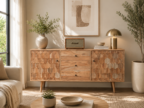 Solid Acacia Wood Sideboard Natural Brown 145 cm – Hive Three Drawers Two Doors
