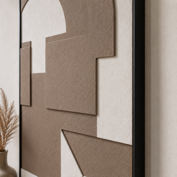 Carved Textured Canvas Wall Art with Black Frame - Large Beige And Brown Statement Piece 80 × 120 cm