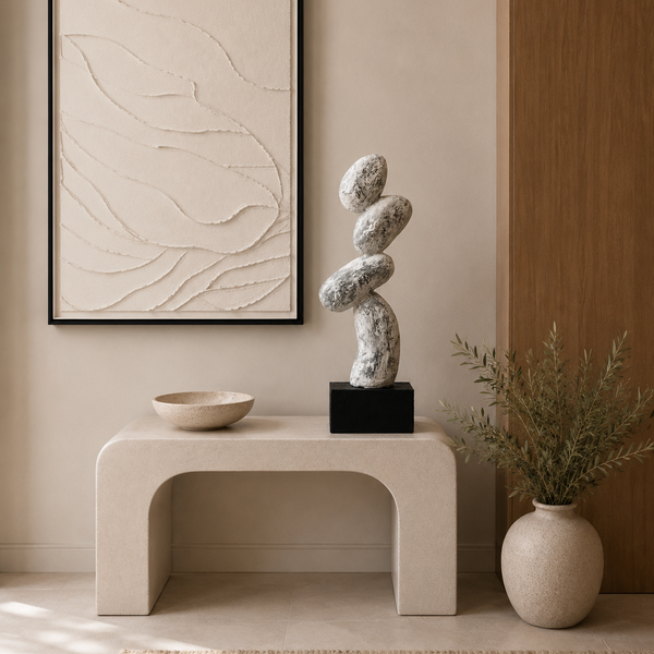 Modern Stacked Stone Tabletop Sculpture – White Textured Decorative Ornament 55 cm