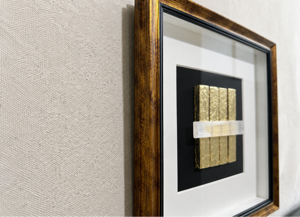Framed Selenite Wall Art - Natural Mineral Gold Statement Piece 30 x 30cm
