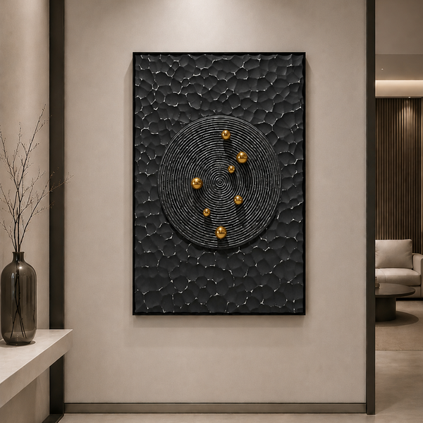 Carved 3D Wall Art - Textured Black and Gold Sculptural Statement Piece 75 x 100cm