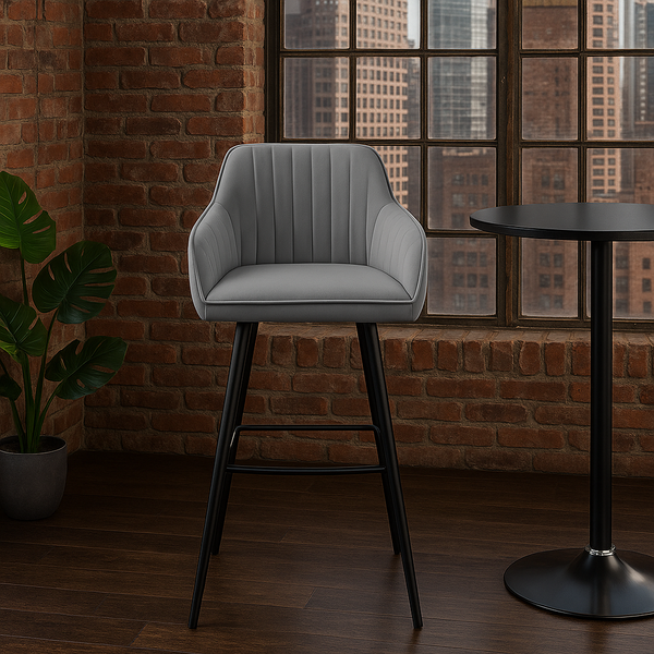 Turin Noble Bar Stool Silver-Grey Velvet with Decorative Stitching