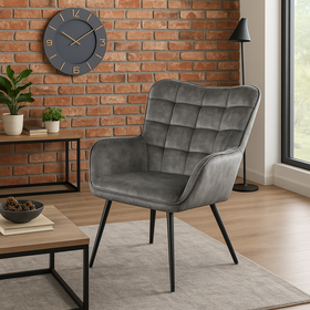 Scandinavia Grey Velvet Design Armrests Armchair with Black Metal Legs