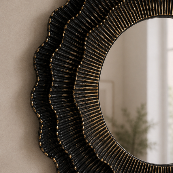 Round Wood Wall Mirror - Sculptural Dark Brown Statement Frame 80cm