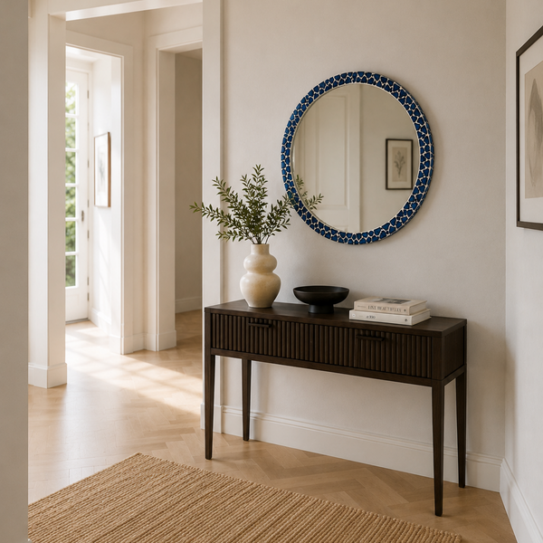 Round Ceramic Wall Mirror - Blue Mosaic Statement Frame 75cm