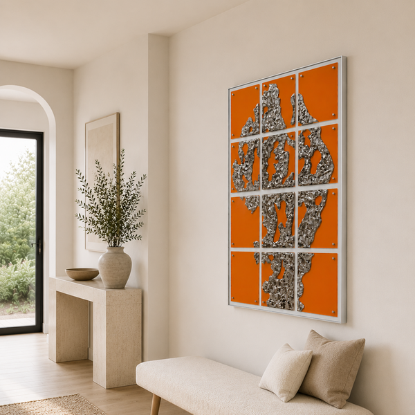 Large 3D Textured Acrylic Wall Art - Abstract Orange & Silver Luxury Wall Decor 80 x 120cm
