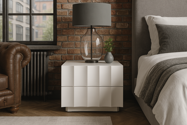 Wave Solid Mango Wood Bedside Table in White Colour with Two Drawers 50 cm
