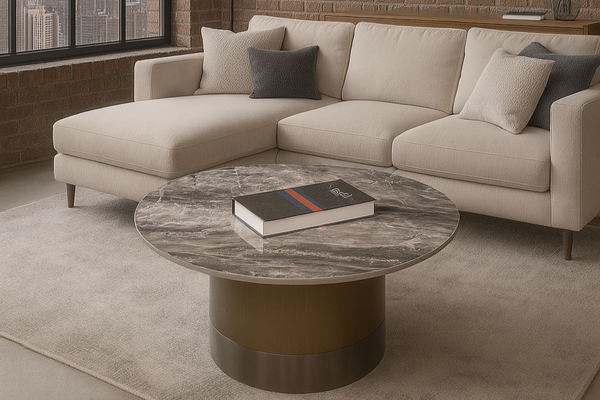 Pienza Italian Sintered Stone Round Coffee Table in Taupe Grey Gloss Marble Look 80 cm
