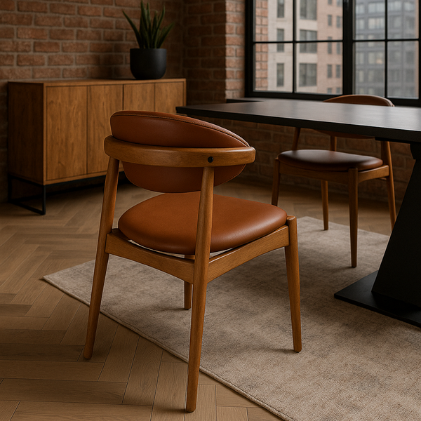 Vita Wooden Dining Chair in Brown Faux Leather Fabric and Brown Smoked Wood Legs