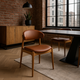 Vita Wooden Dining Chair in Brown Faux Leather Fabric and Brown Smoked Wood Legs