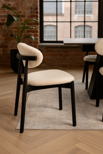 Vita Wooden Dining Chair in Boucle White Fabric and Black Wooden Legs