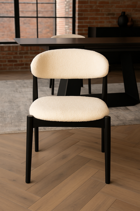 Vita Wooden Dining Chair in Boucle White Fabric and Black Wooden Legs